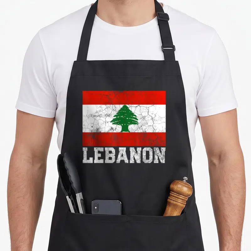 Tablier de cuisine noir avec drapeau Lebanon vintage, cèdre vert et texte Lebanon en blanc déstructuré.