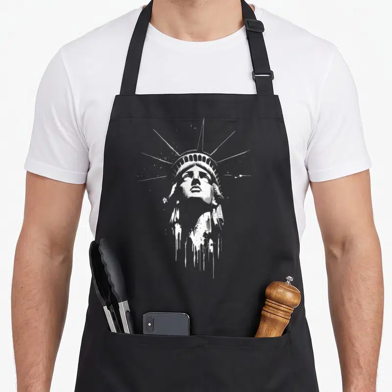 Tablier de cuisine noir avec Statue de la liberté en blanc style Gotham et peinture qui dégouline.