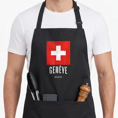 Tablier de cuisine noir avec drapeau suisse rouge et croix blanche et texte Genève Helvetia en bas.