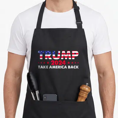 Tablier de cuisine noir avec inscription Trump en drapeau américain et texte Take America Back 2024.
