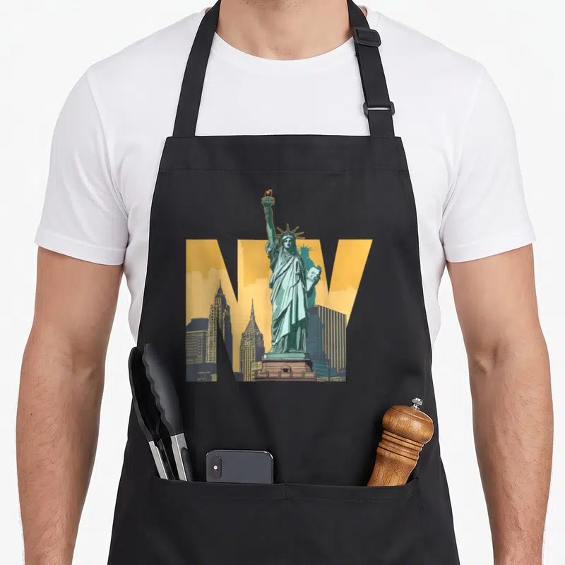 Tablier de cuisine noir avec Statue de la Liberté, lettres NY jaunes et silhouettes d'immeubles new-yorkais.