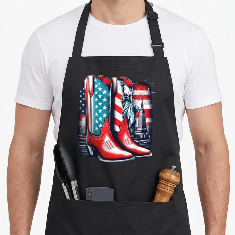 Tablier de cuisine noir avec bottes rouges, drapeau américain et monuments emblématiques des États-Unis imprimés en couleur.