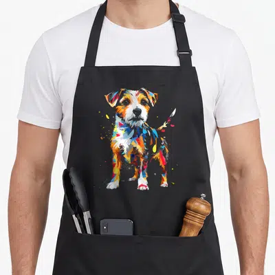 Tablier de cuisine noir avec illustration colorée et géométrique d'un Parson Russel Terrier debout.