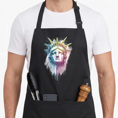 Tablier de cuisine noir avec tête de Statue de la liberté aux couleurs dégradées et effet de peinture qui coule sur fond blanc.