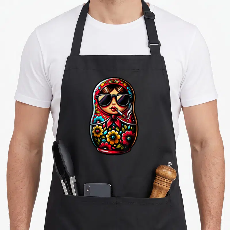 Tablier de cuisine noir avec une Matryoshka fumée portant des lunettes noires et des fleurs colorées.