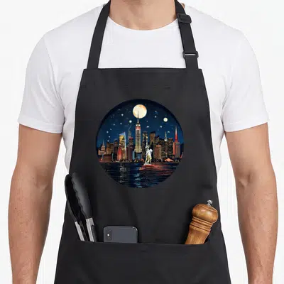 Tablier de cuisine noir avec une illustration circulaire de la Statue de la Liberté et des gratte-ciel de New York au coucher du soleil.