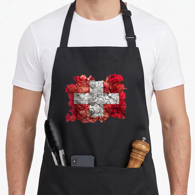 Tablier de cuisine noir avec un drapeau suisse vintage rouge et blanc texturé et craquelé au centre.