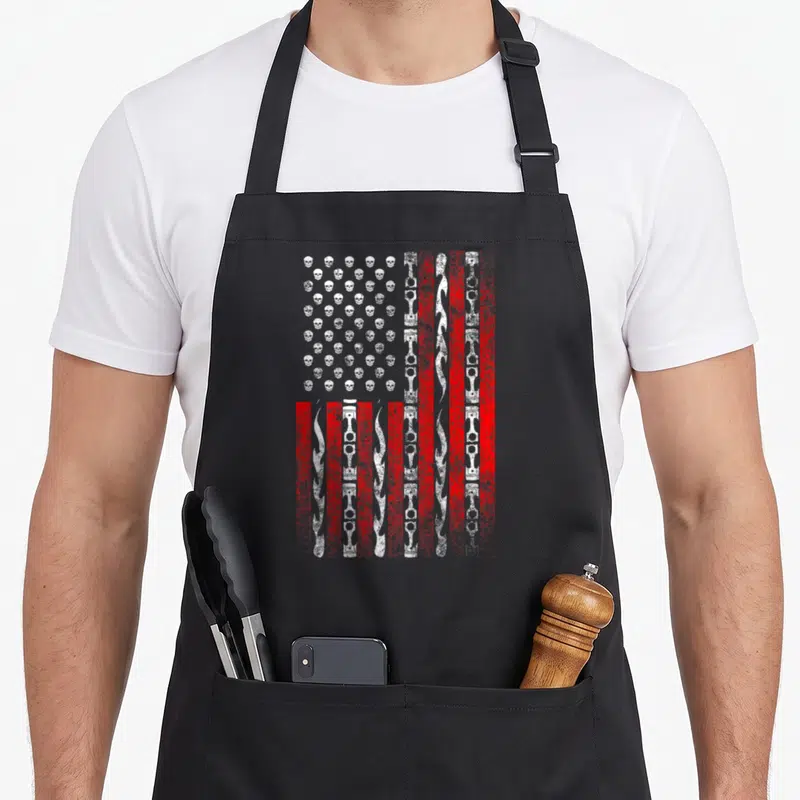 Tablier de cuisine noir avec drapeau américain tête de mort et flamme motard rouge et blanc