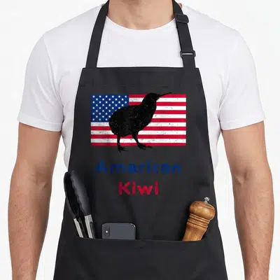 Tablier de cuisine noir avec silhouette kiwi sur fond de drapeau américain et texte American Kiwi