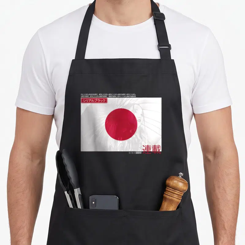 Tablier de cuisine noir avec un grand cercle rouge, une silhouette en gris et des caractères japonais en bas à droite.