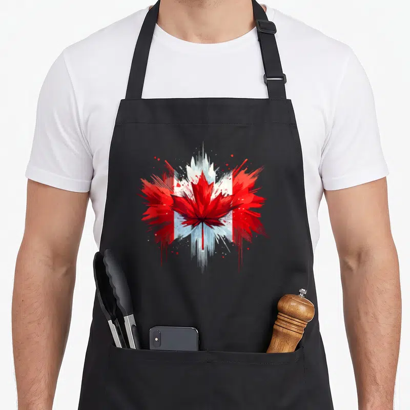 Tablier de cuisine noir avec une feuille d'érable rouge stylisée sur un drapeau canadien éclaté.