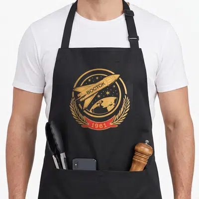 Tablier de cuisine noir avec logo doré Vostok 1961 et fusée spatiale soviétique.