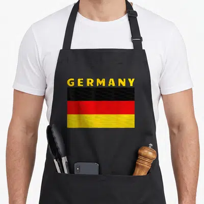 Tablier de cuisine noir avec inscription Germany et drapeau allemand vintage aux bandes horizontales noires, rouges et jaunes.