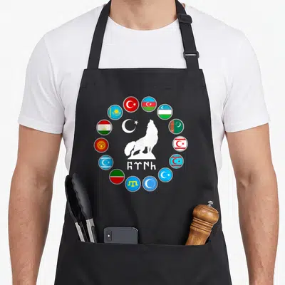 Tablier Uzbekistan,Azerbaijan,Göktürk,Turquie/Türkiye Flag,Turquie — sur un tablier de cuisine noir, fond blanc