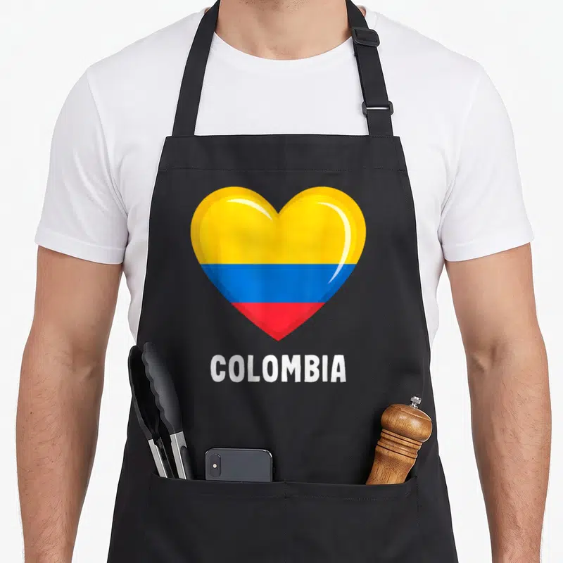 Tablier de cuisine noir avec un grand cœur tricolore jaune bleu rouge et l'inscription COLOMBIA en blanc.