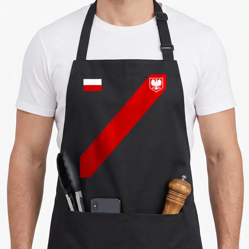 Tablier de cuisine noir avec une large bande rouge diagonale portant un aigle blanc stylisé dans un écu en haut à droite.