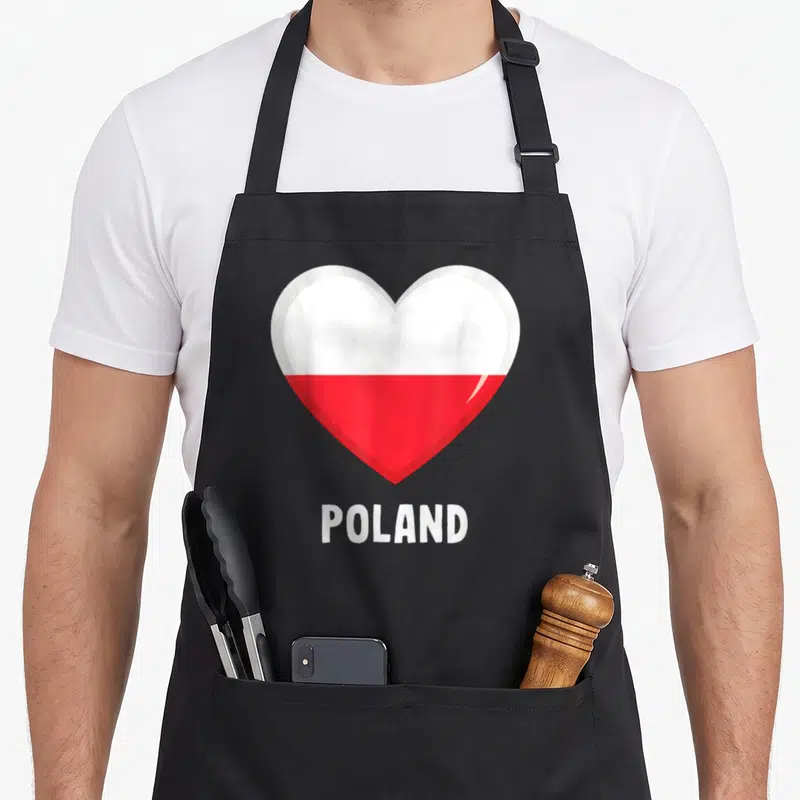 Tablier de cuisine noir avec un grand cœur blanc et rouge portant l'inscription POLAND en bas.