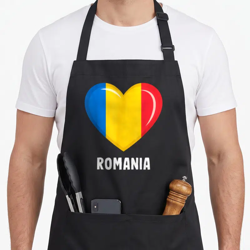 Tablier de cuisine noir avec un grand cœur tricolore bleu jaune rouge et le mot Romania en blanc en dessous.