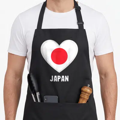 Tablier de cuisine noir avec un grand cœur blanc contenant un cercle rouge et le texte JAPAN en dessous.