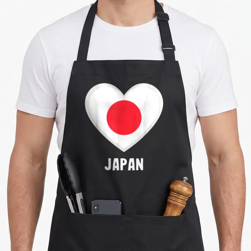 Tablier de cuisine noir avec un grand cœur blanc contenant un cercle rouge et le texte JAPAN en dessous.