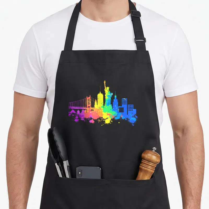 Tablier de cuisine noir avec skyline New York aquarelle colorée et Statue de la Liberté