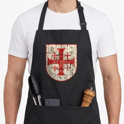 Tablier de cuisine noir avec un blason affichant une croix de Jérusalem au style vieilli et des fissures noires sur fond blanc.
