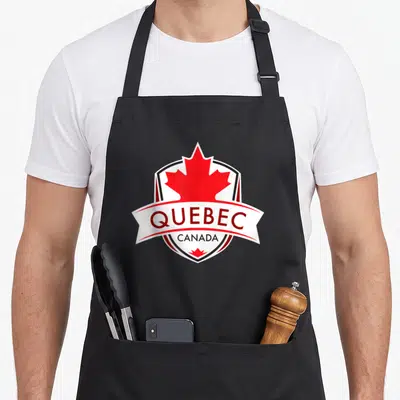 Tablier de cuisine noir avec logo shield Québec Canada et feuille d'érable rouge centrale.