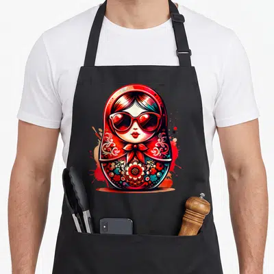 Tablier de cuisine noir avec une Matryoshka stylisée aux lunettes de soleil rouges et motifs floraux.
