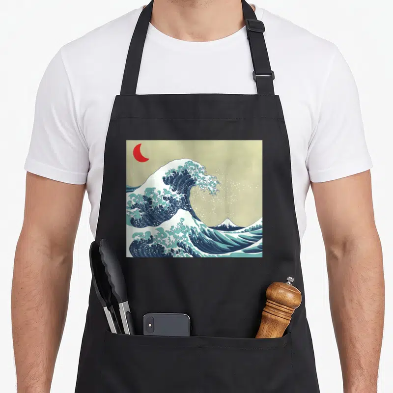 Tablier de cuisine noir avec La Grande Vague de Kanagawa par Hokusai imprimée en couleur.