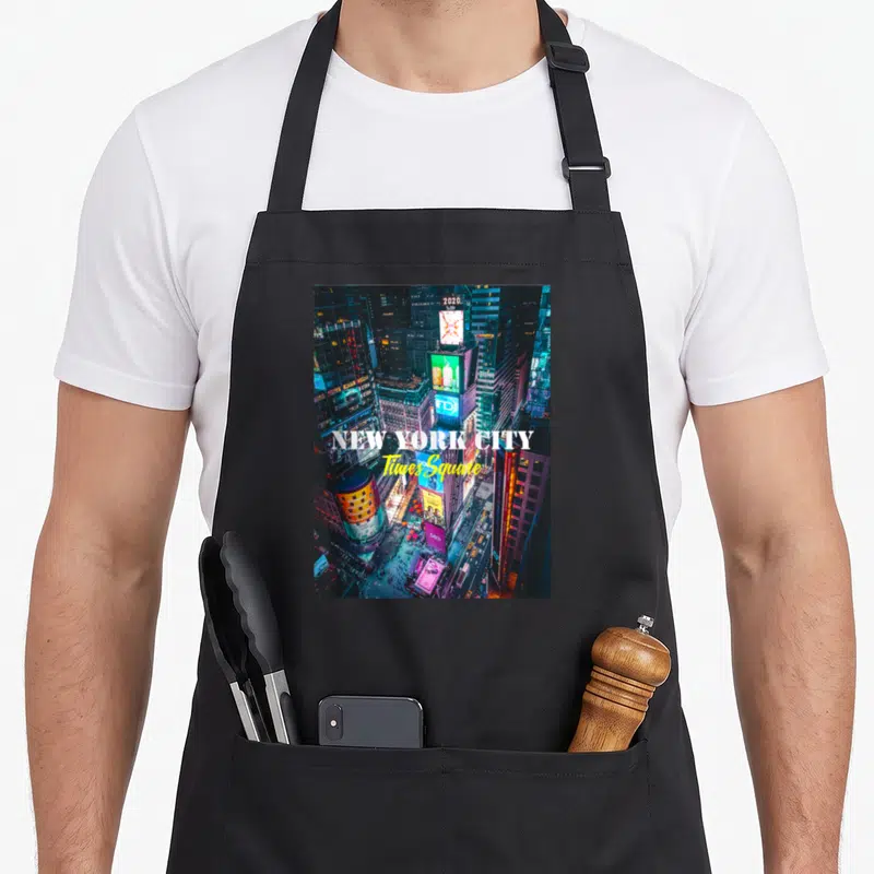 Tablier de cuisine noir avec une vue aérienne colorée de New York City Times Square Skyline et le millésime 2020 en haut.