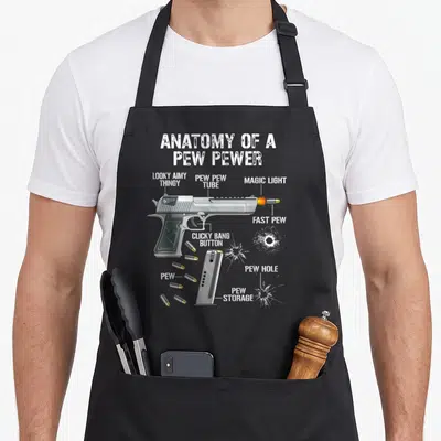 Tablier de cuisine noir avec illustration anatomique d'un pistolet de jeu et étiquettes humoristiques en anglais.