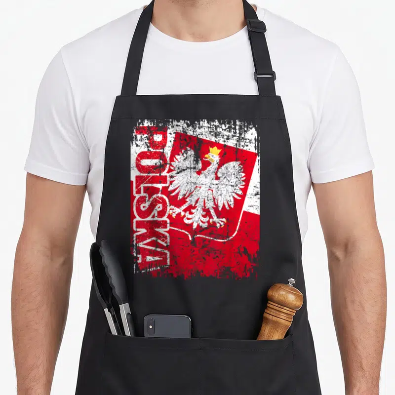 Tablier de cuisine noir avec illustration Pologne POLSKA aigle blanc couronné drapeau rouge et blanc effet vieilli.