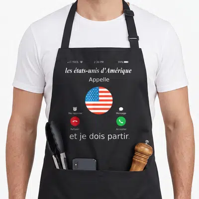 Tablier de cuisine noir avec un écran d'appel affichant le drapeau américain et les options accepter ou refuser.