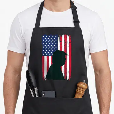 Tablier de cuisine noir avec silhouette profilée sur drapeau américain rouge blanc et bleu effet usé