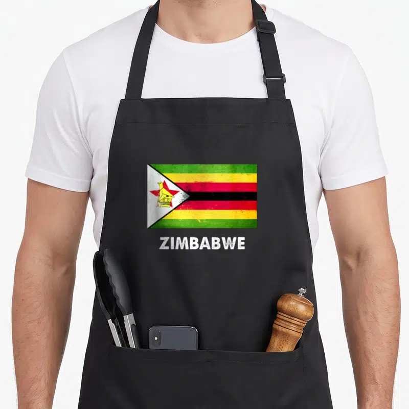 Tablier de cuisine noir avec le drapeau du Zimbabwe et l'inscription ZIMBABWE en blanc.