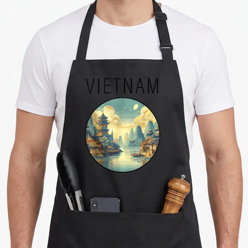 Tablier de cuisine noir avec illustration circulaire d'un paysage Vietnam en style Art Déco.