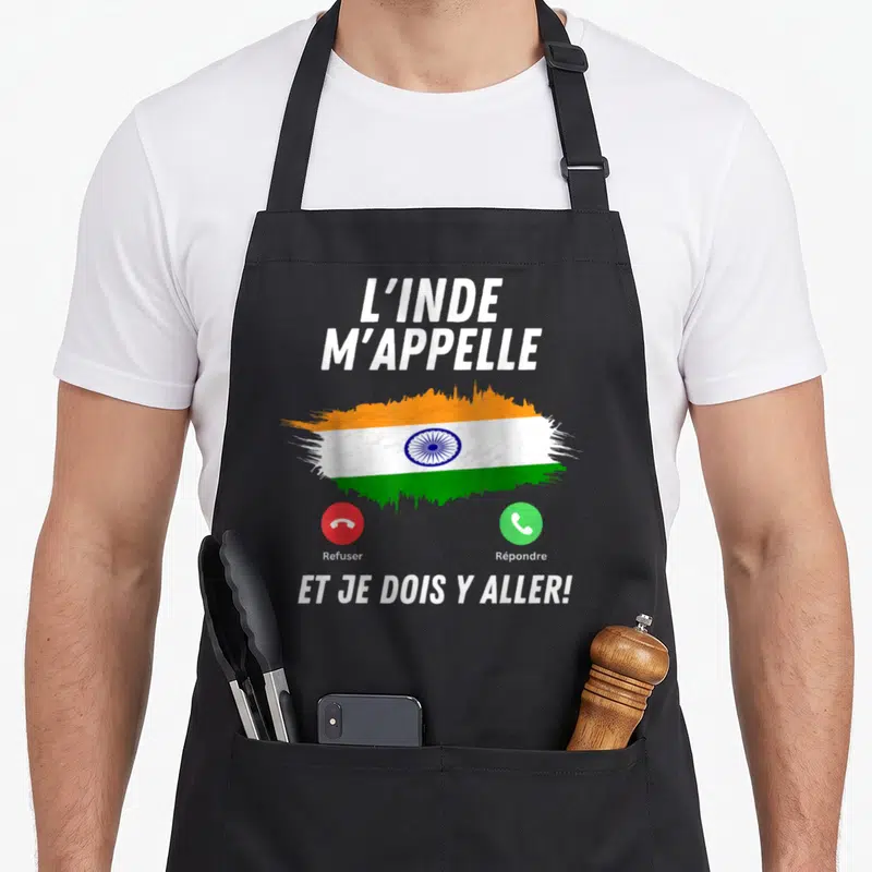 Tablier de cuisine noir avec le drapeau de l'Inde stylisé et des boutons téléphone Refuser et Répondre imprimés en couleur.
