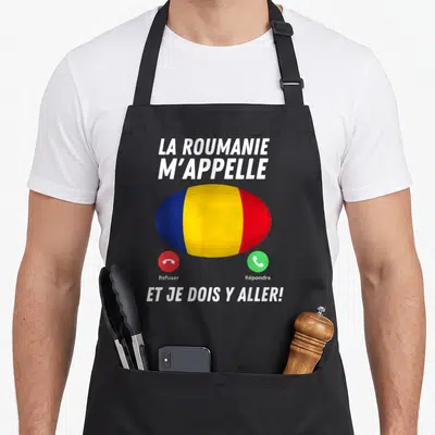 Tablier de cuisine noir avec un ballon rugby aux couleurs du drapeau roumain et des boutons d'appel téléphonique.