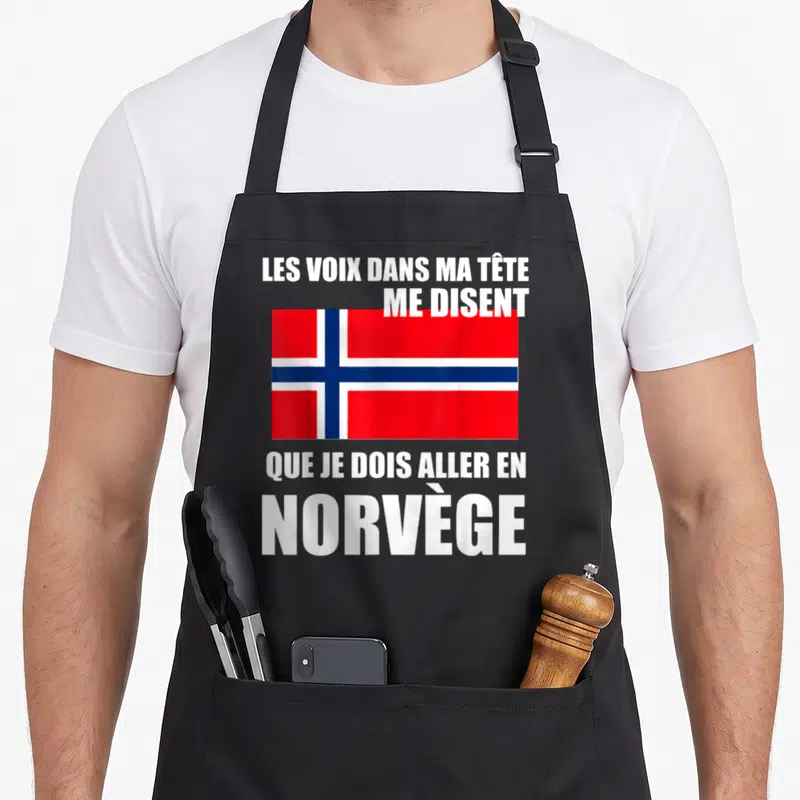 Tablier de cuisine noir avec drapeau norvégien et texte blanc Les voix dans ma tête me disent que je dois aller en Norvège.