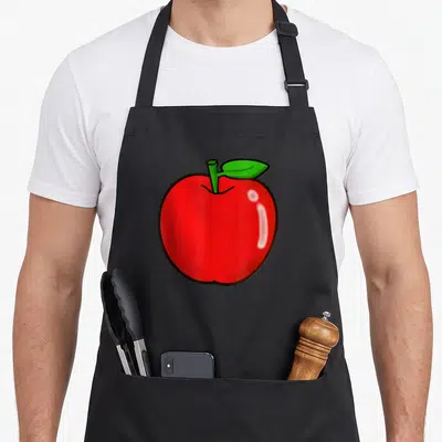 Tablier de cuisine noir avec une illustration centrale d'une pomme rouge brillante et d'une feuille verte.