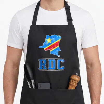 Tablier de cuisine noir avec carte de la RDC et drapeau bleu rouge jaune étoile dorée