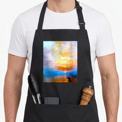 Tablier de cuisine noir avec reproduction du tableau The Fighting Temeraire de J. M. W. Turner montrant un coucher de soleil sur l'eau.