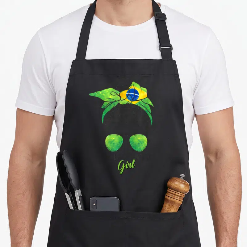 Tablier de cuisine noir avec illustration fille aux lunettes vertes et nœud drapeau Brésil BOLSONARO Girl