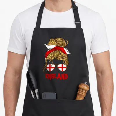 Tablier de cuisine noir avec illustration femme blonde lunettes drapeau anglais ENGLAND
