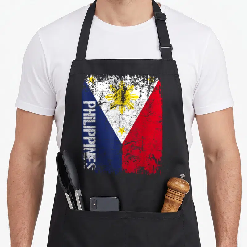 Tablier de cuisine noir avec drapeau Philippines vintage et texte vertical blanc PHILIPPINES