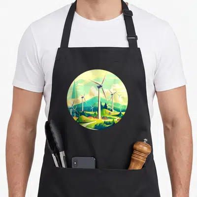 Tablier de cuisine noir avec illustration circulaire de parcs éoliens sur collines vertes et montagnes en arrière-plan.