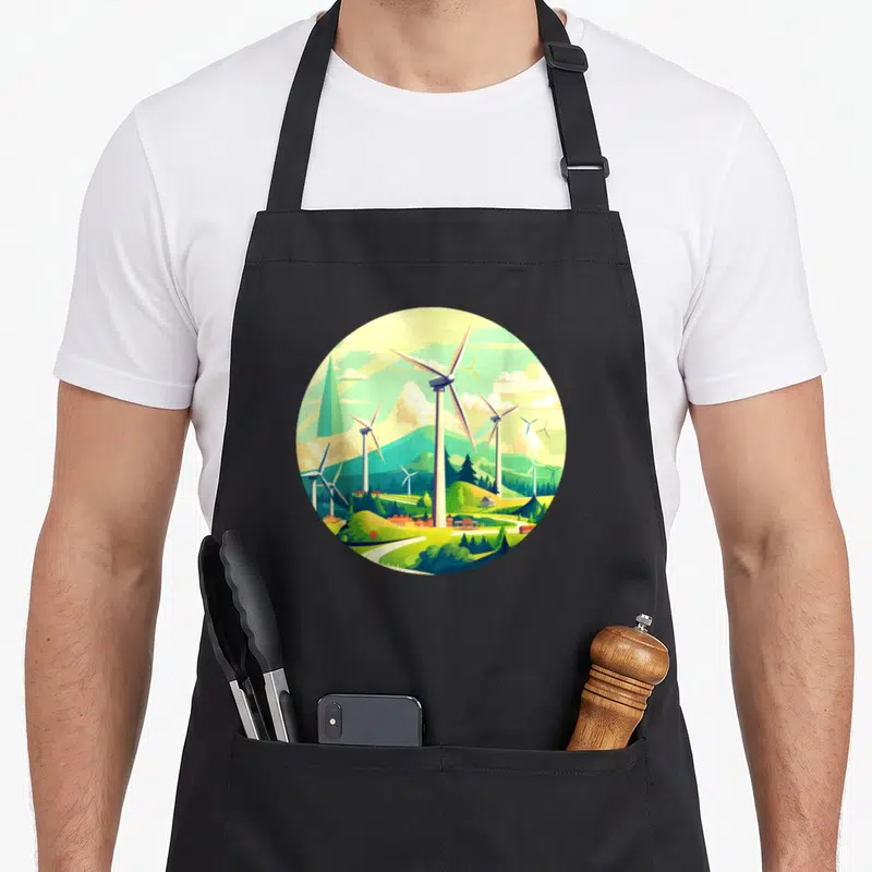 Tablier de cuisine noir avec illustration circulaire de parcs éoliens sur collines vertes et montagnes en arrière-plan.