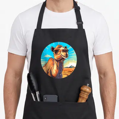 Tablier de cuisine noir avec illustration circulaire d'un chameau souriant devant un désert bleu et orange.