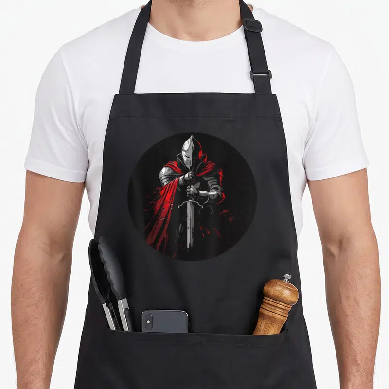 Tablier de cuisine noir avec illustration circulaire d'un templier en armure tenant une épée et portant une cape rouge vif.