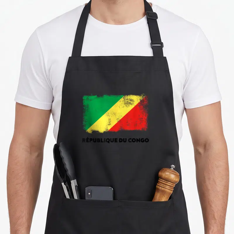 Tablier de cuisine noir avec drapeau République du Congo et texte imprimé en dessous.